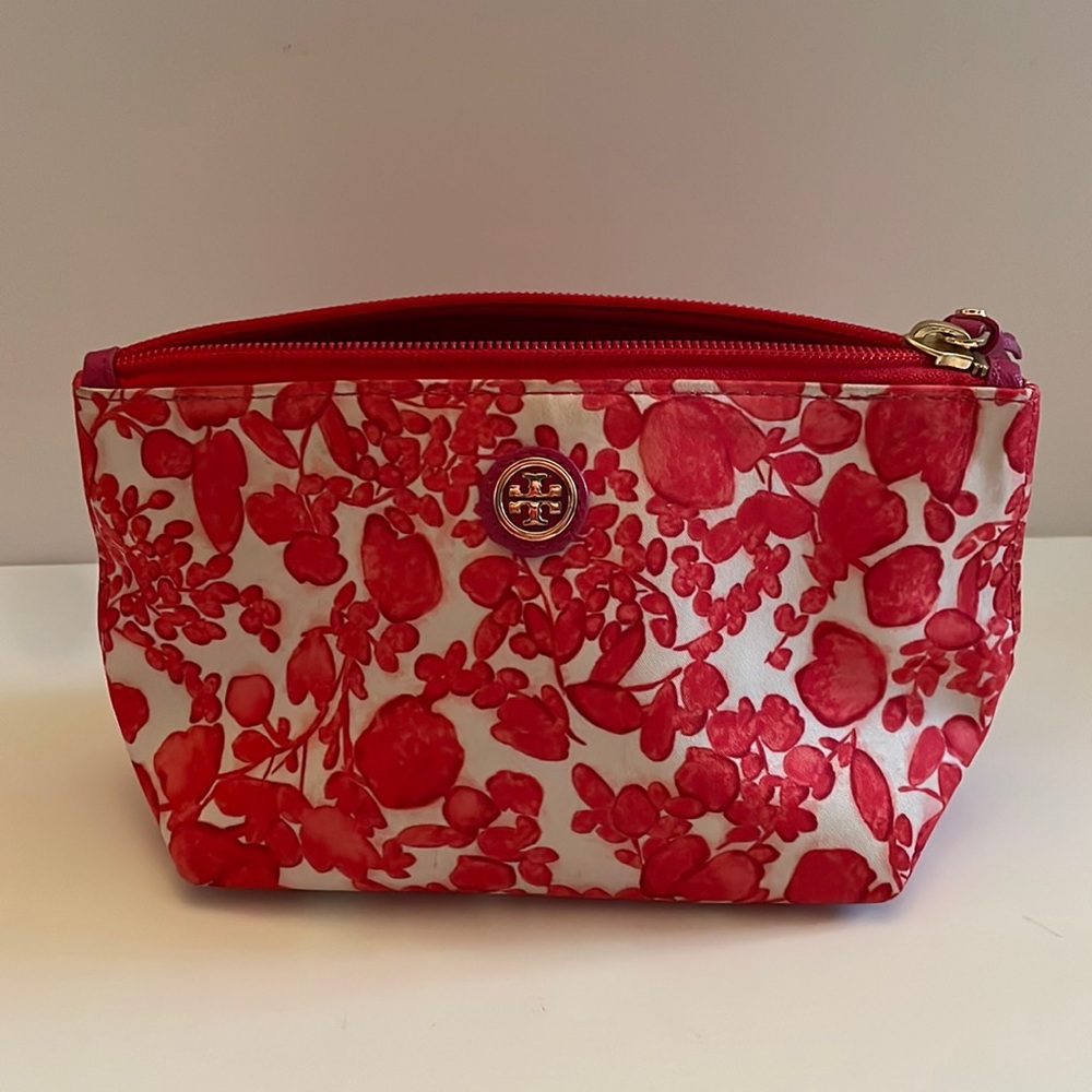 Tory Burch red floral cosmetic bag
